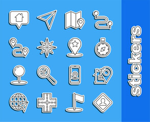 Poster - Set line Road traffic sign, Map pointer with house, Compass, Folded map location marker, Wind rose, Route, and star icon. Vector