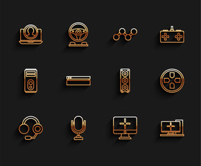 Poster - Set line Headphones, Microphone, Create account screen, Computer monitor, Video game console, Gamepad and Stereo speaker icon. Vector