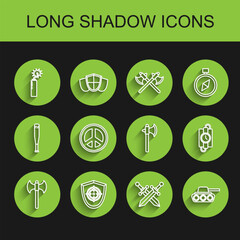 Poster - Set line Medieval axe, Target sport, Dynamite bomb stick clock, Crossed medieval sword, Military tank, Peace, dynamite and timer and icon. Vector