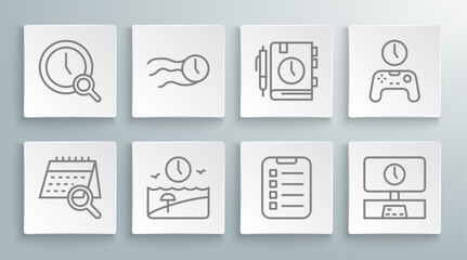 Poster - Set line Calendar search, Time flies on the clock, Vacation time, To do list or planning, Smart Tv, Daily paper notepad, Gamepad of and Magnifying glass with icon. Vector