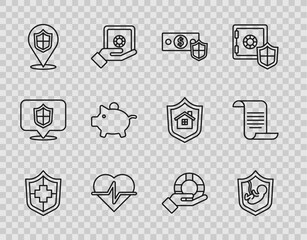Poster - Set line Life insurance with shield, Money, Location, Piggy bank, Lifebuoy hand and Document icon. Vector