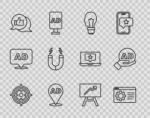 Poster - Set line Target, Browser setting, Light bulb with concept of idea, Advertising, Customer product rating, Magnet, Board graph chart and icon. Vector