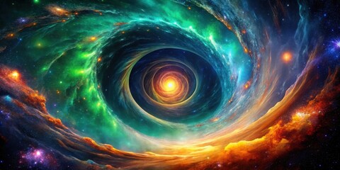 Aufkleber - A cosmic spiral in a nebula, swirling with vibrant colors and celestial bodies, suggesting a journey through the universe and a vast cosmic dance.