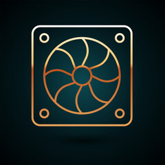 Poster - Gold line Computer cooler icon isolated on dark blue background. PC hardware fan. Vector