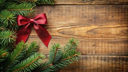 Poster - Festive Christmas Background with a Red Bow and Pine Sprigs on a Rustic Wood Surface