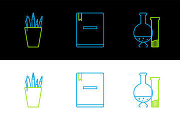 Poster - Set line Test tube and flask chemical laboratory test, Pencil case stationery and Notebook icon. Vector