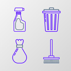 Aufkleber - Set line Mop, Garbage bag, Trash can and Cleaning spray bottle with detergent liquid icon. Vector
