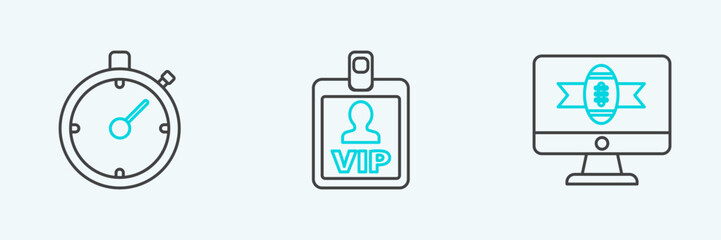 Poster - set line american football on tv program, stopwatch and vip badge icon. vector