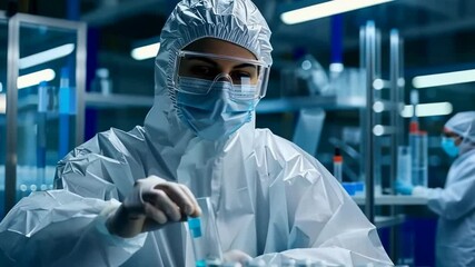 Aufkleber - A scientist in protective gear is inspecting vials. Wearing a mask and eye protection, she is working meticulously in a lab setting, possibly in a pharmaceutical or medical research environment.