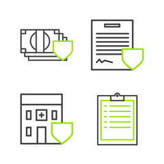 Poster - Set line Clipboard with checklist, Medical hospital building shield, Contract and Money icon. Vector
