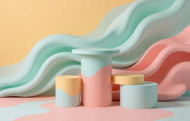 Fototapete - Abstract scene featuring pastel cylinders and podiums set against a background of soft, flowing waves. Gentle colors, modern design.