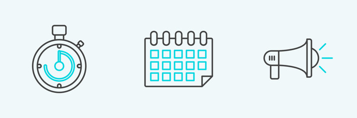 Poster - Set line Megaphone, Briefcase and Calendar icon. Vector