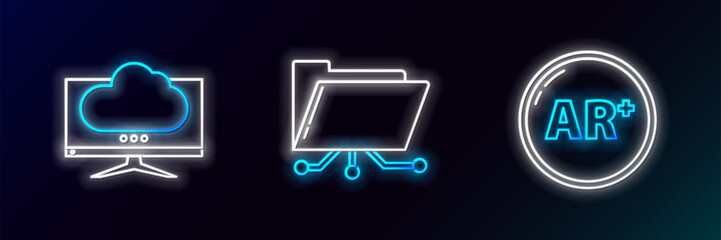 Poster - Set line Ar, augmented reality, Computer monitor screen and Folder and lock icon. Glowing neon. Vector