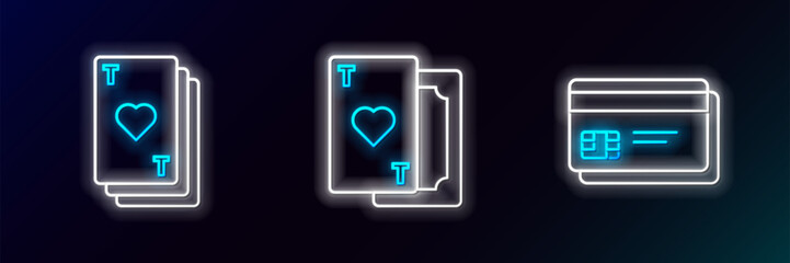 Poster - Set line Credit card, Playing with heart and icon. Glowing neon. Vector