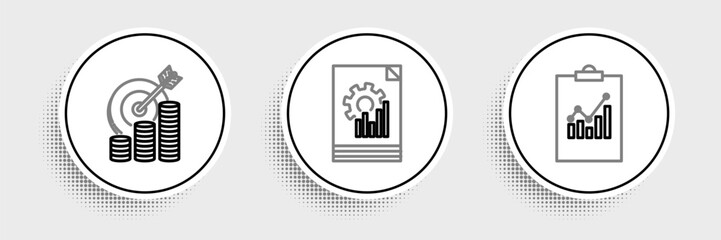 Fototapete - Set line Clipboard with graph chart, Target coin symbol and Document icon. Vector