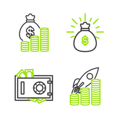 Poster - set line rocket flying up on coins growth chart, safe and money, money bag and icon. vector