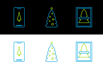 Poster - Set line Christmas postcard, Smartphone with gift box and tree decorations icon. Vector