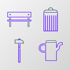 Poster - Set line Watering can, Hammer, Trash and Bench icon. Vector
