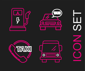 Poster - Set line Car, Taxi call telephone service, car and Electric charging station icon. Vector