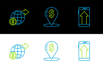 Poster - set line smartphone, mobile phone, earth globe with dollar and cash location pin icon. vector