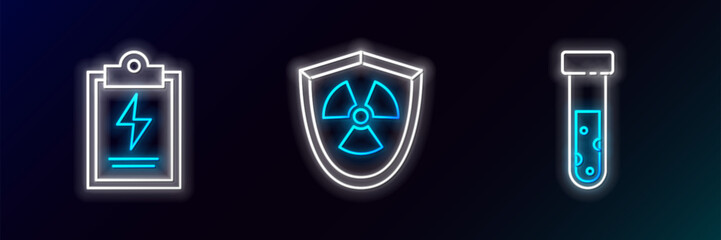 Poster - Set line Test tube and flask chemical, Laboratory clipboard with checklist and Radioactive in shield icon. Glowing neon. Vector