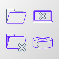 Fototapete - Set line Scotch, Delete folder, Laptop and cross mark on screen and Document icon. Vector