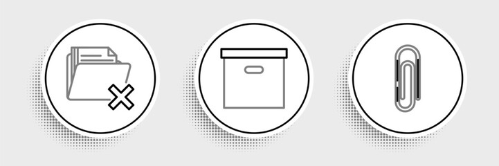 Fototapete - Set line Paper clip, Delete folder and Carton cardboard box icon. Vector