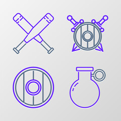 Poster - set line hand grenade, round wooden shield, wooden with crossed swords and crossed baseball bat icon