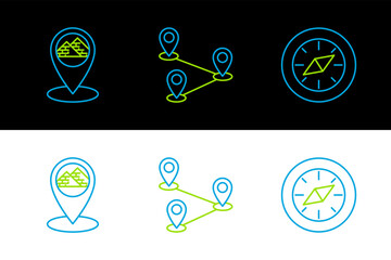 Poster - Set line Compass, Map pointer with Egypt pyramids and Route location icon. Vector