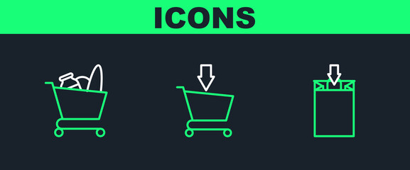 Poster - Set line Paper shopping bag, Shopping cart and food and Add to icon. Vector