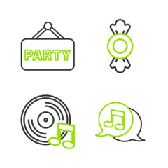 Poster - Set line Musical note in speech bubble, Vinyl disk, Candy and Signboard party icon. Vector