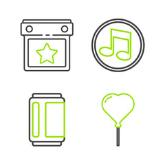 Poster - Set line Balloon in form of heart, Beer can, Music note, tone and Calendar party icon. Vector