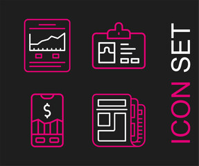 Poster - Set line Stock market news, Mobile stock trading, Identification badge and Website with growth graph icon. Vector