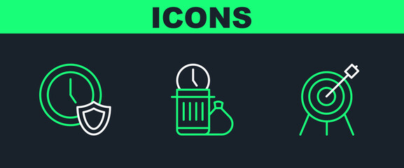 Poster - set line target sport, clock with shield and waste of time icon. vector