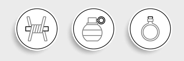 Poster - Set line Canteen water bottle, Barbed wire and Hand grenade icon. Vector