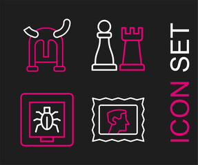 Poster - Set line Postal stamp, Insects in frame, Chess and Viking horned helmet icon. Vector