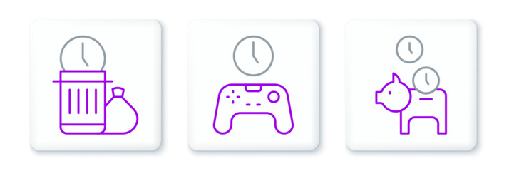 Poster - Set line Piggy bank with coin, Waste of time and Gamepad icon. Vector
