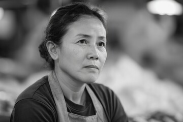 Wall Mural - portrait of fish vendor at bustling market shown with blurred background that highlights vendor focu