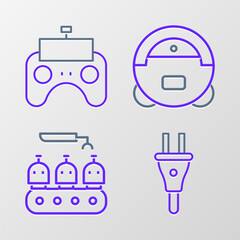 Poster - Set line Electric plug, Industrial production of robots, Robot vacuum cleaner and Remote control icon. Vector