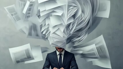 Poster - Documents swirl around a businessman's head, representing information overload, stress, and the challenges of managing excessive paperwork in a demanding corporate environment
