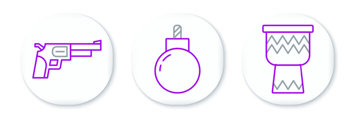 Poster - Set line Drum, Revolver gun and Bomb ready to explode icon. Vector