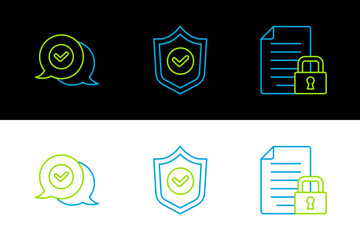 Fototapete - Set line Document and lock, Check mark in speech bubble and Shield with check icon. Vector