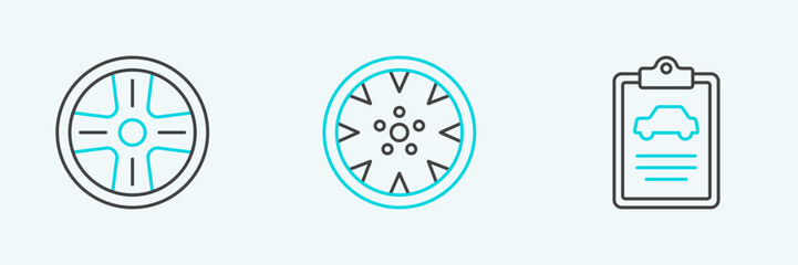 Poster - Set line Car inspection, Alloy wheel and icon. Vector