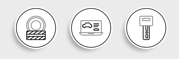 Poster - Set line Car key with remote, tire wheel and Diagnostics condition of car icon. Vector