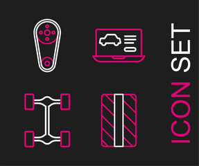 Poster - Set line Car tire wheel, Chassis car, Diagnostics condition of and Timing belt kit icon. Vector