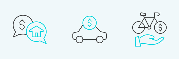 Poster - Set line Bicycle rental mobile app, Price negotiation and Car icon. Vector