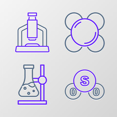 Poster - Set line Sulfur dioxide SO2, Test tube flask on stand, Molecule and Microscope icon. Vector