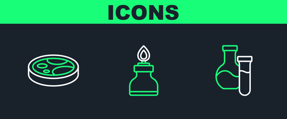 Poster - Set line Test tube, Petri dish with bacteria and Alcohol or spirit burner icon. Vector