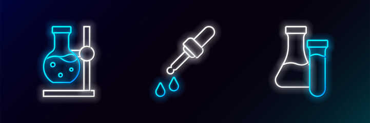 Poster - Set line Test tube, flask on stand and Pipette icon. Glowing neon. Vector