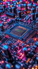 Poster - Vibrant close up of a computer circuit board with processor for tech and engineering